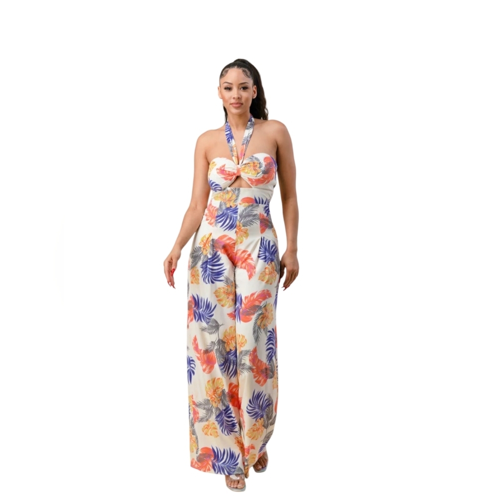 The Sang Women's Resortwear Colorful Palm‎ Beachy Smocked Halter Jumpsuit size L
